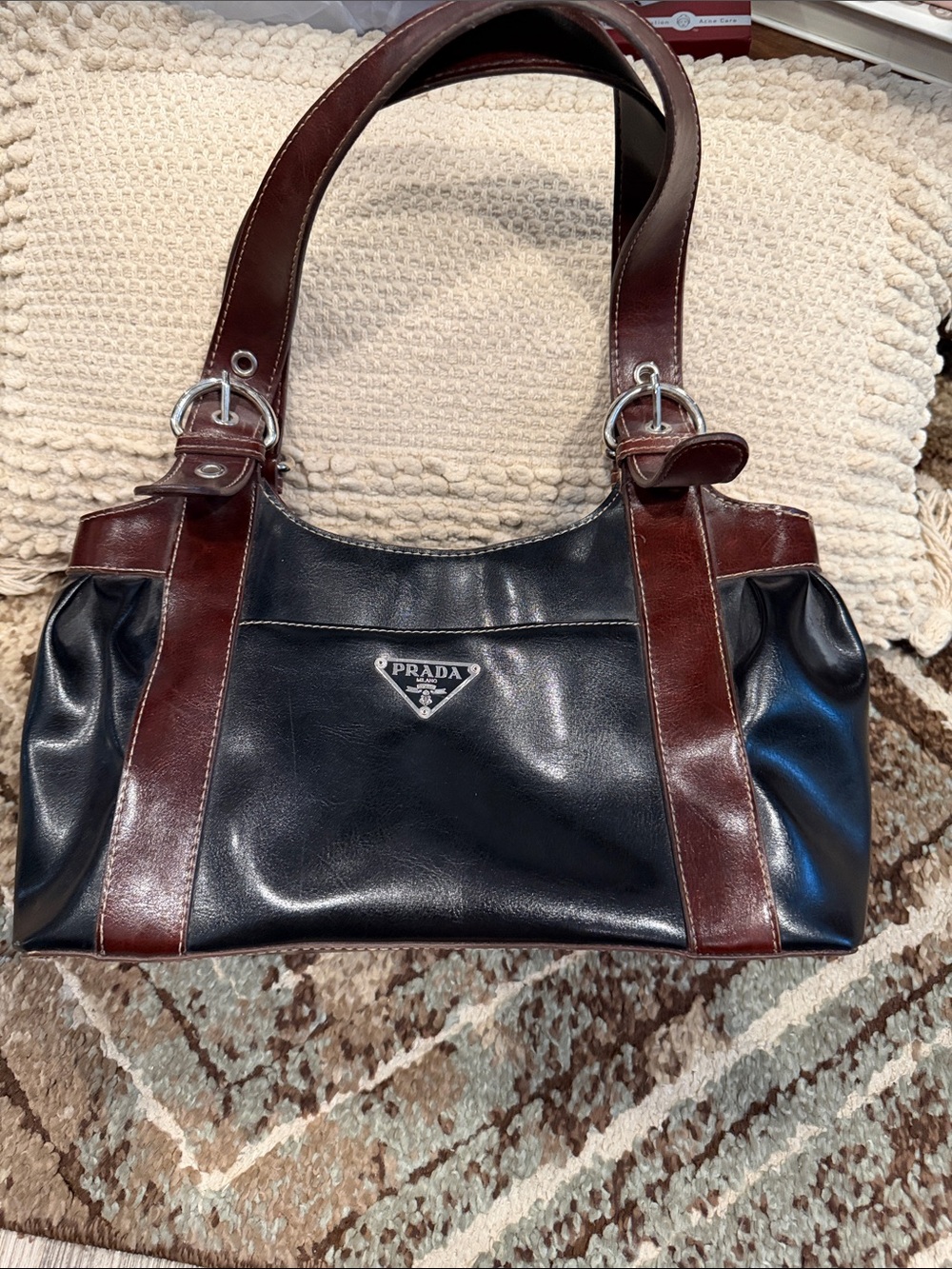 Black and Brown Leather Shoulder Bag with Silver Hardware